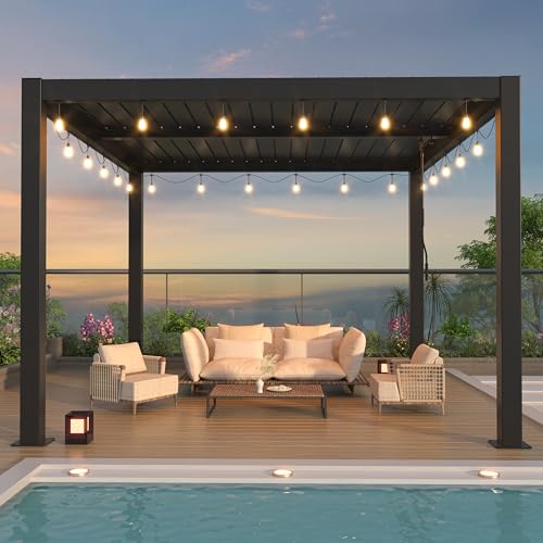 LVUYOYO Outdoor Louvered Pergola 10' x 10' with LED String Lights